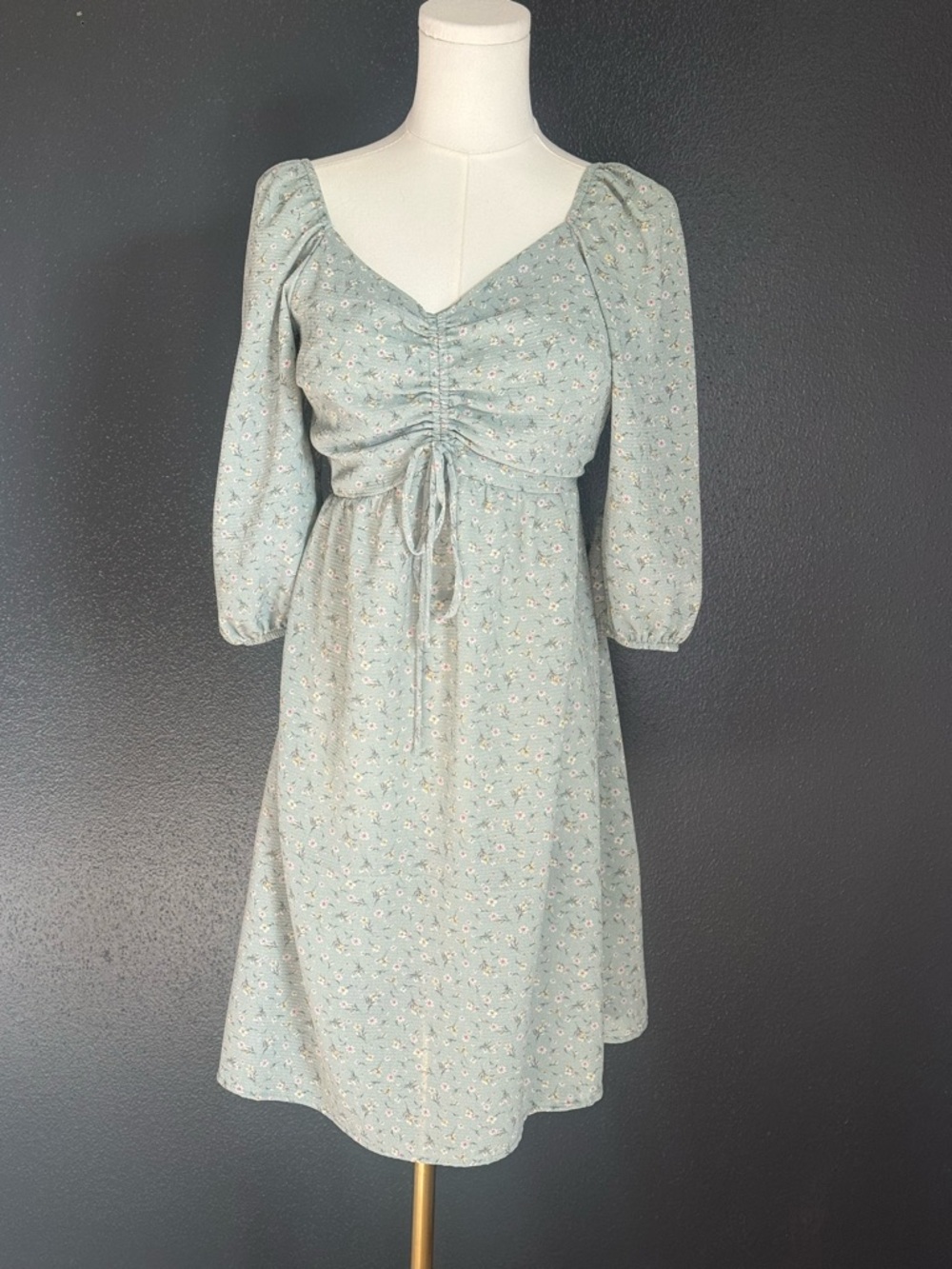 Monteau Sage Green Floral Ruched Tie-Front Mini Dress